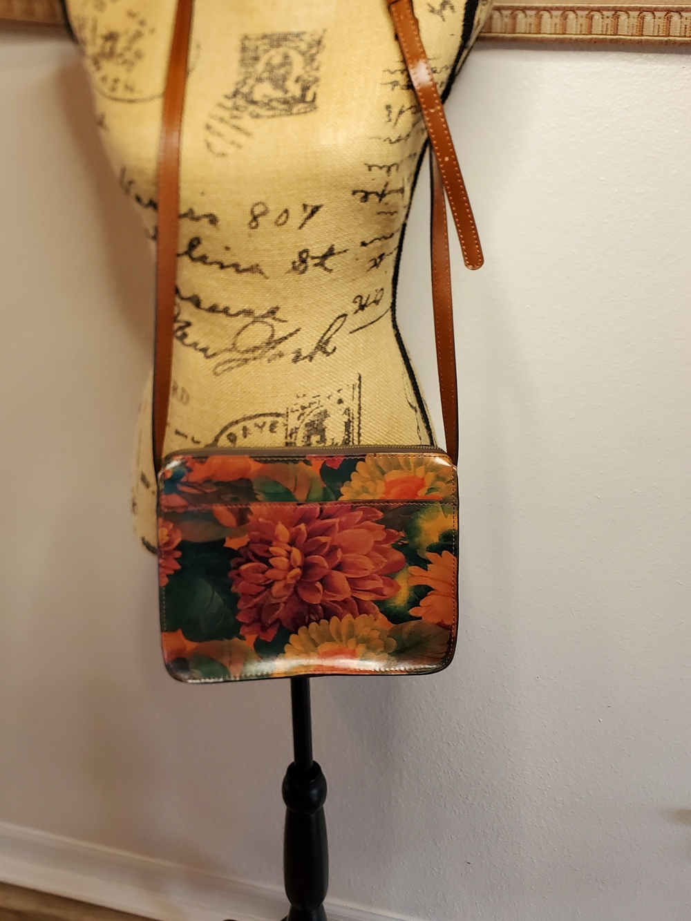 Patricia Nash Floral Print Leather Crossbody Bag Top Zip Adjustable Strap Cognac